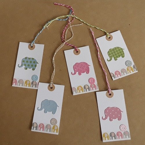 5 étiquettes cadeaux éléphants / marque-places, naissance, bébé 