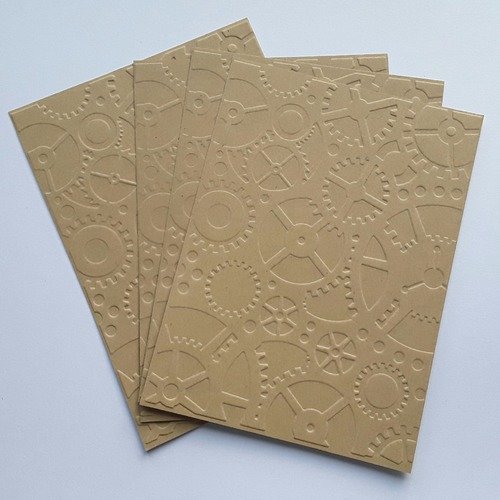 4 cartes simples, fond de carte embossé rouages, engrenages, steampunk en papier kraft 14,5 x 10,5 cm
