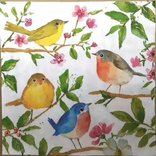 Serviette en papier : oiseaux sur branches façon aquarelle 33x33 cm 