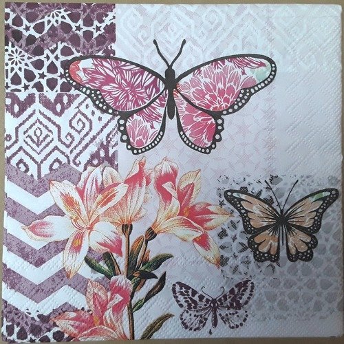 Serviette en papier : fleurs et papillons 33x33 cm 