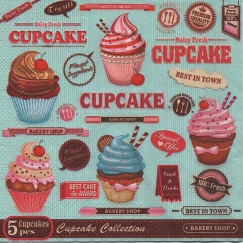 Serviette en papier, thème gourmandise, les cupcakes, 33x33cm 