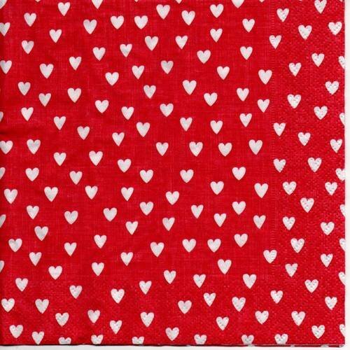 Une serviette en papier rouge avec des coeurs blancs 33x33 cm 