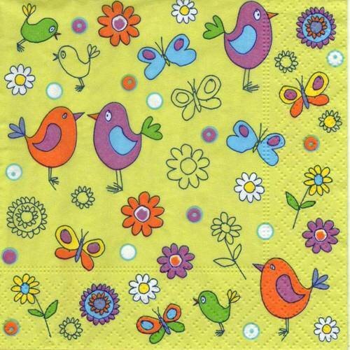 Serviette en papier thème du printemps : les petits oiseaux, 25x25cm 