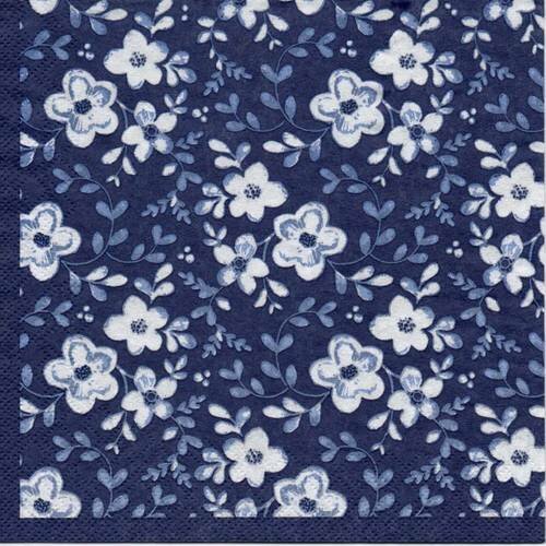 Serviette en papier, petites fleurs blanches sur fond bleu foncé, 33x33cm 