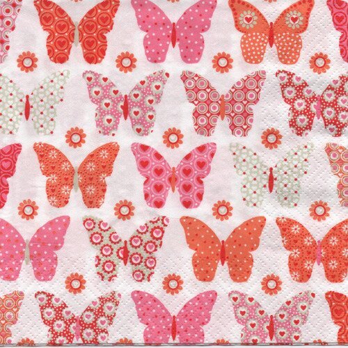 Une serviette en papier :  papillons roses, orange 33x33 cm 