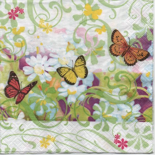 Jolie serviette, papillon et fleurs, dimension 33x33cm 