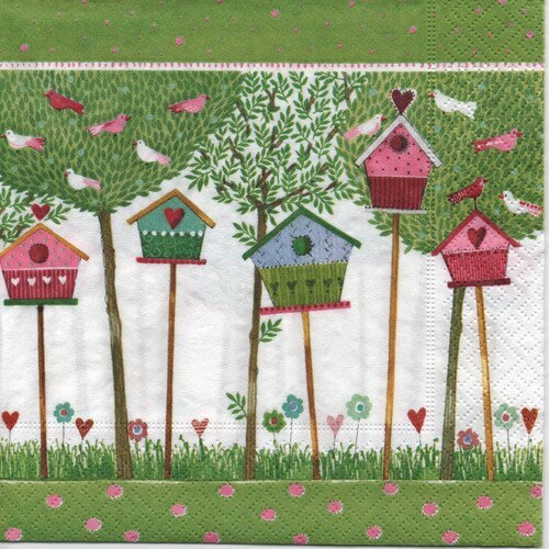 Serviette en papier thème du printemps : les petits oiseaux et nichoirs, 33x33cm 