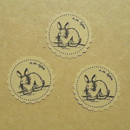 3 découpes cercle festonné papier kraft illustrées d'un lapin, 5 cm 