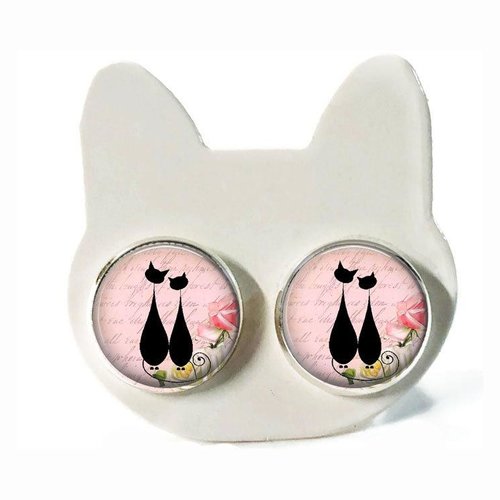 Boucle d'oreilles chat noir, boucle d’oreilles chat sur fond rose, cabochon verre
