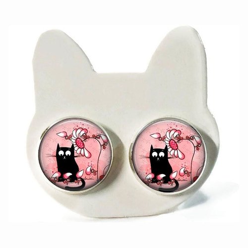 Boucle d'oreilles chat noir, boucle d’oreilles chat sur fond rose, cabochon verre