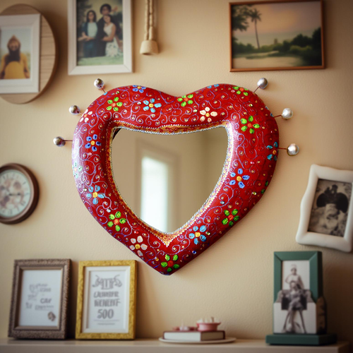 Miroir cœur rouge art mural " cœur fleuri"  68 x 47 cm fait main