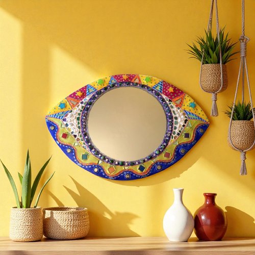 Miroir " œil magique"  mosaïque et peinture pièce unique