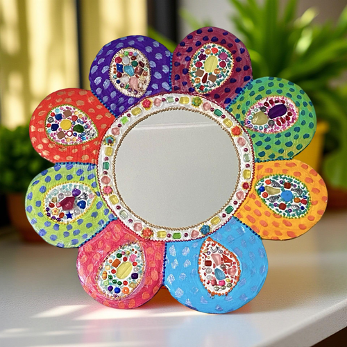 Miroir fleur couleurs " fleur de printemps"  perles multicolore diamètre 50cm