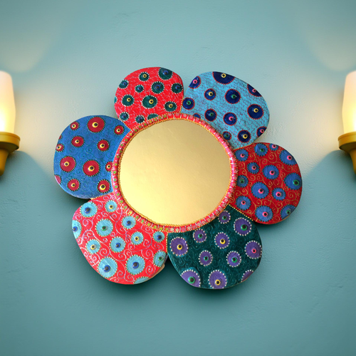 Miroir unique en technique mixte "fleur yayoï" 66 cm x 66 cm miroir diam 30cm