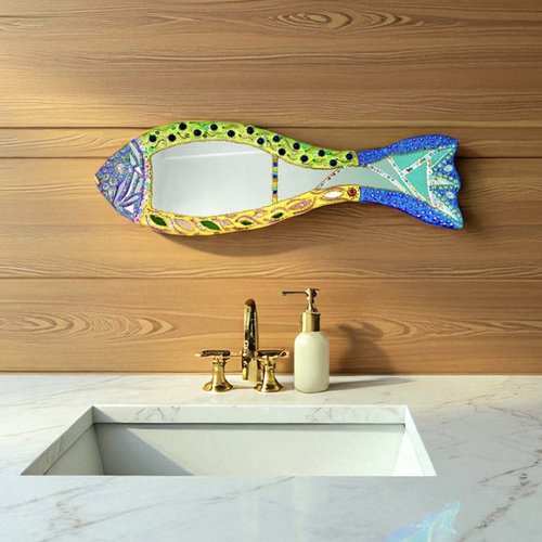 Miroir mosaïque perles &quot;poisson d'avril&quot; mosaïque peinture 90 x 28 cm unique design décoration murale art couleurs miroir poisson fait main