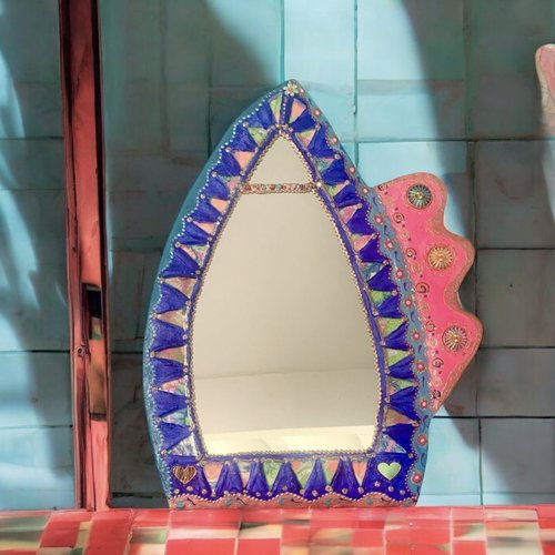 Miroir pointé bleue , décoration murale fonctionnelle, unique 49x38cm