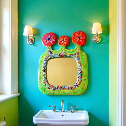 Miroir jardin imaginaire, forme libre avec une dominante de vert printanier ,en mosaïque de perles