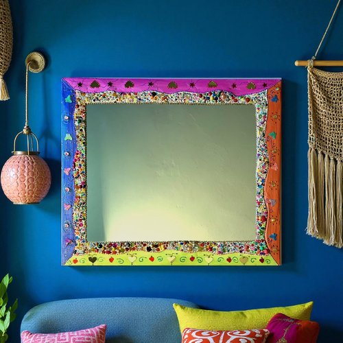Miroir mosaïque peinture et perles" papillons et cœurs" 64 x 55 cm-