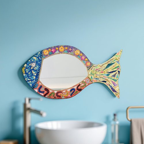 Poisson miroir art mural unique en mosaïque et peinture décoration murale de la maison,cadeau pour elle
