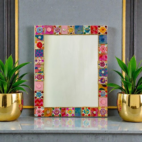 Miroir mosaïque de verre rose et fleurs 40x50cm
