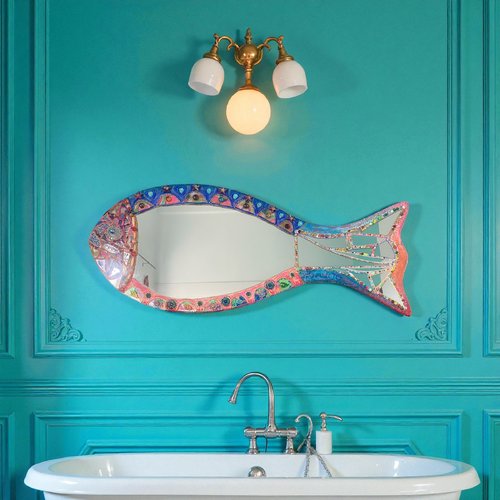 Grand miroir mosaïque mural poisson en mosaïque et peinture pop art 120 x 50 cm