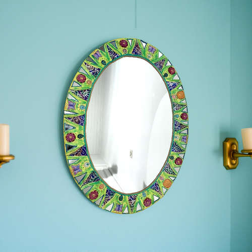 Miroir ovale mosaique de verre couleur « orage dans la prairie »76 x 57 cm pièce unique fait main
