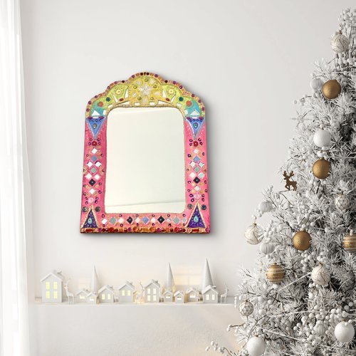 Miroir unique fait main style style haveli-  « bali en été »60 cm x 47 cm mosaïque et peinture -décoration murale