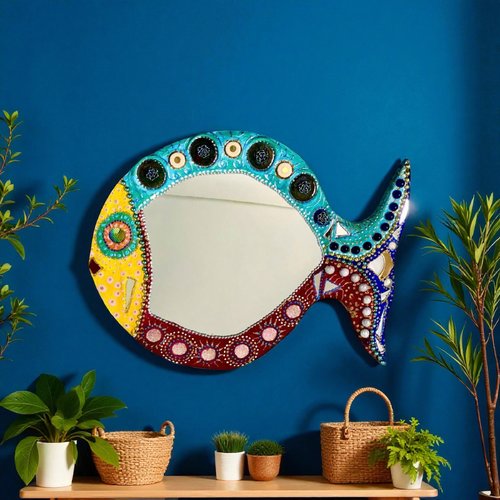 Miroir poisson bulles en peinture céramique et mosaïque 50 x 40 cm