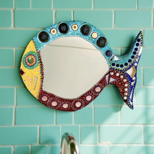 Miroir poisson bulles en peinture céramique et mosaïque 50 x 40 cm