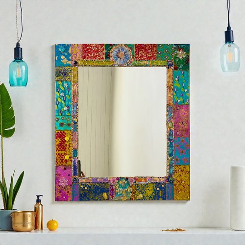 Miroir 60 x 70 cm mosaïque de verre peinture uniques  - thème bouddha et poisson à écailles-décoration style indien -décoration murale