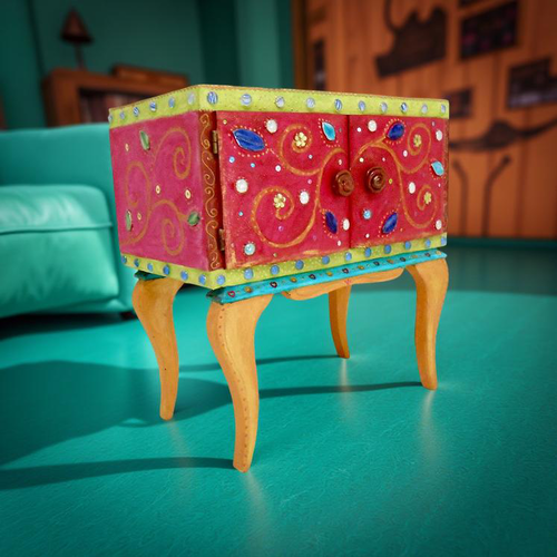 Meuble vintage recyclé et relooké en mosaïque et peinture fuchsia