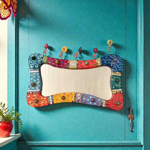 Miroir ondulé multicolore en technique mixte 42 x 70 cm