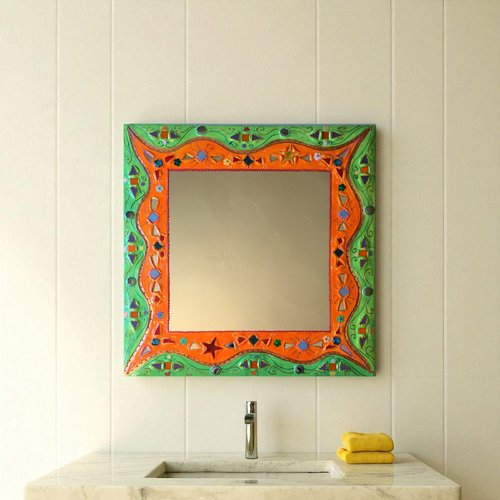 Miroir 65x65 cm ,carré vert orange pièce unique signée