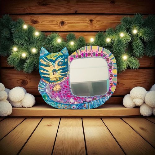 Miroir chat en couleur, art mural unique