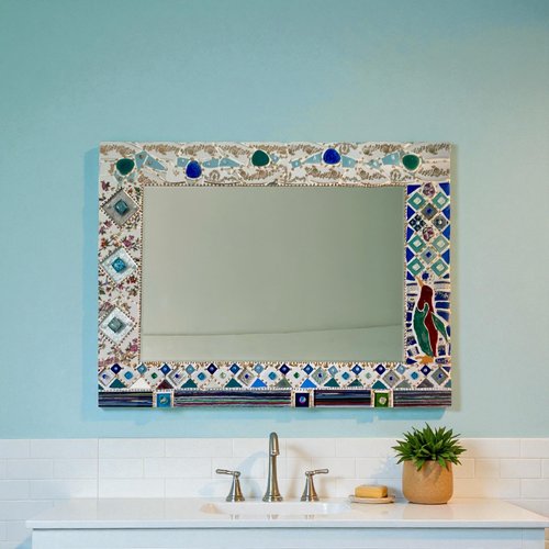 Miroir rectangulaire en mosaïque de céramique et verre , le glacier aux pingouins  45 x 60 cm