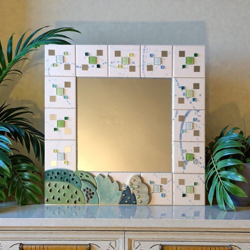 Miroir mosaïque de céramique: végétal, 55 x 55 cm