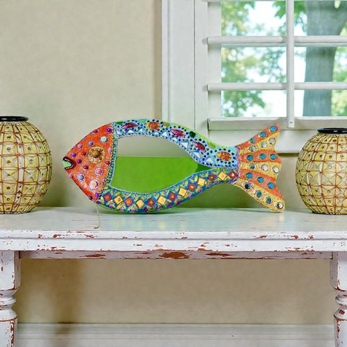Miroir poisson en mosaïque de perles et peinture 70x31cm