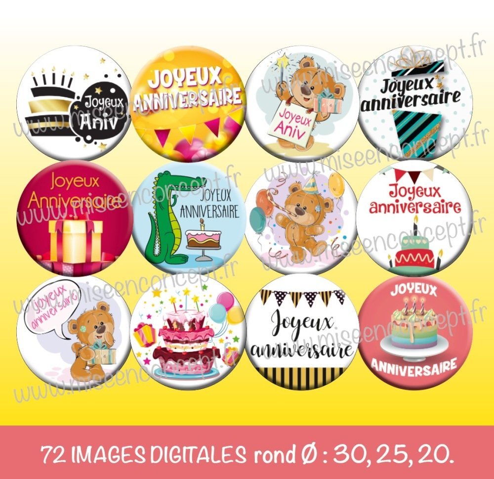 72 Images Digitales Joyeux Anniversaire Rond Images Cabochons Bijoux Badge Magnet Etiquette Autocollant Stickers Un Grand Marche