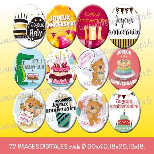 72 images digitales - joyeux anniversaire - ovale - images cabochons - bijoux - badge - magnet - étiquette - autocollant - stickers