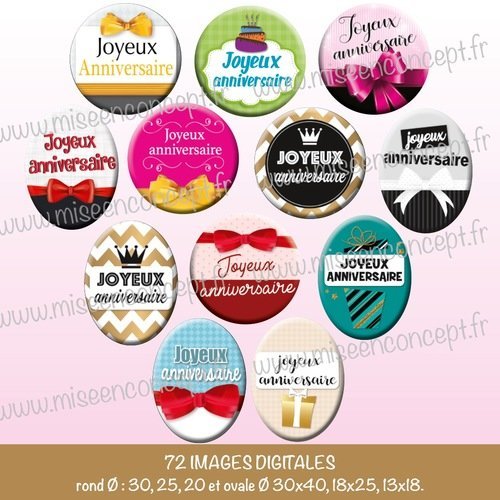 72 images digitales - joyeux anniversaire - rond & ovale - images cabochons - bijoux - badge - magnet - étiquette - autocollant - stickers