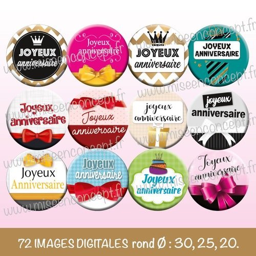 72 Images Digitales Joyeux Anniversaire Rond Images Cabochons Bijoux Badge Magnet Etiquette Autocollant Stickers Un Grand Marche