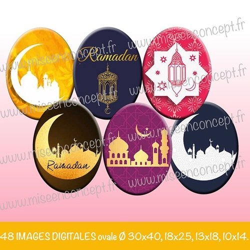 Images digitales - mille et une nuit / ramadan - ovale - 48 images cabochons - bijoux - magnet - badge - planche numérique