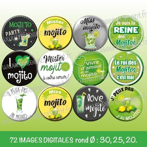 72 images digitales - mojitos - rond - images cabochons - soleil - vacances - citrons - alcool - bijoux - badge - magnet