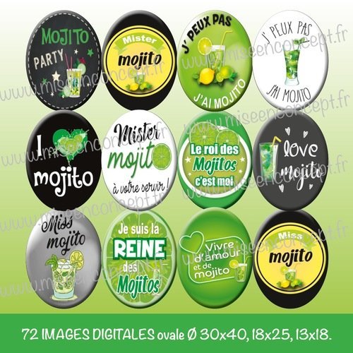 72 images digitales - mojitos - ovale - images cabochons - soleil - vacances - citrons - alcool - bijoux - badge - magnet