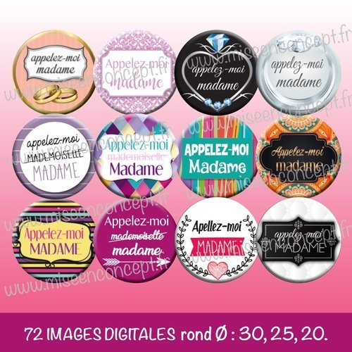 72 images digitales - appelez-moi madame - rond & ovale - images cabochons - mariage - témoin - bijoux - badge - magnet