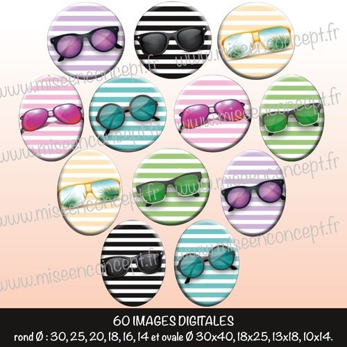 60 images digitales - lunettes de soleil - rond & ovale - images cabochons - vacances - été - plage - bijoux