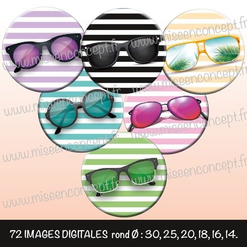 72 images digitales - lunettes de soleil - rond - images cabochons - vacances - été - plage - bijoux