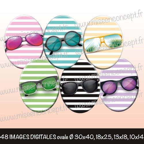 48 images digitales - lunettes de soleil - ovale - images cabochons - vacances - été - plage - bijoux