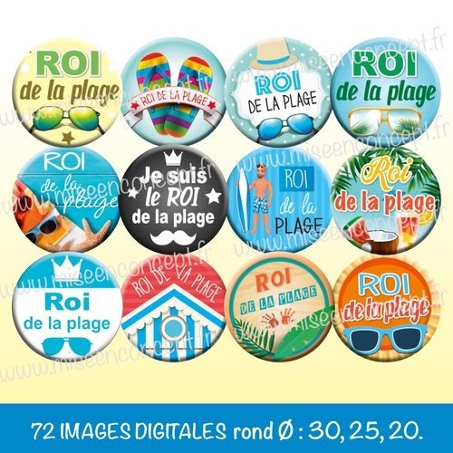 72 images digitales - roi de la plage - rond- images cabochons - vacances - été - soleil - bijoux - badge - magnet
