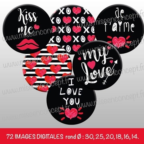 72 images digitales -  st valentin - rond - images cabochons - je t'aime - love - coeurs - amoureux - chéri/chérie - bijoux